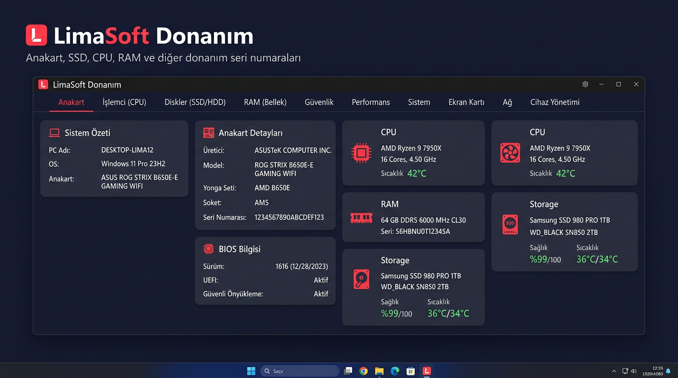 LimaSoft Donanım - Donanım bilgisi arayüz ekran görüntüsü